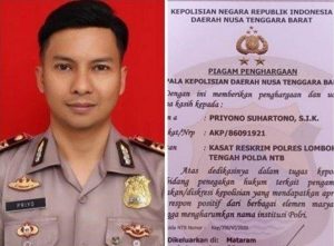 Kasatreskrin Polres Lombok Tengah, AKP Priyono Suhartono mendapatkan penghargaan dari Kapolda NTB, Irjen Pol M. Iqbal/net
