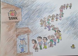 Ilustrasi antrian ke Bank - Foto: kartunis Bagong Soebardjo/ayo semarang.com